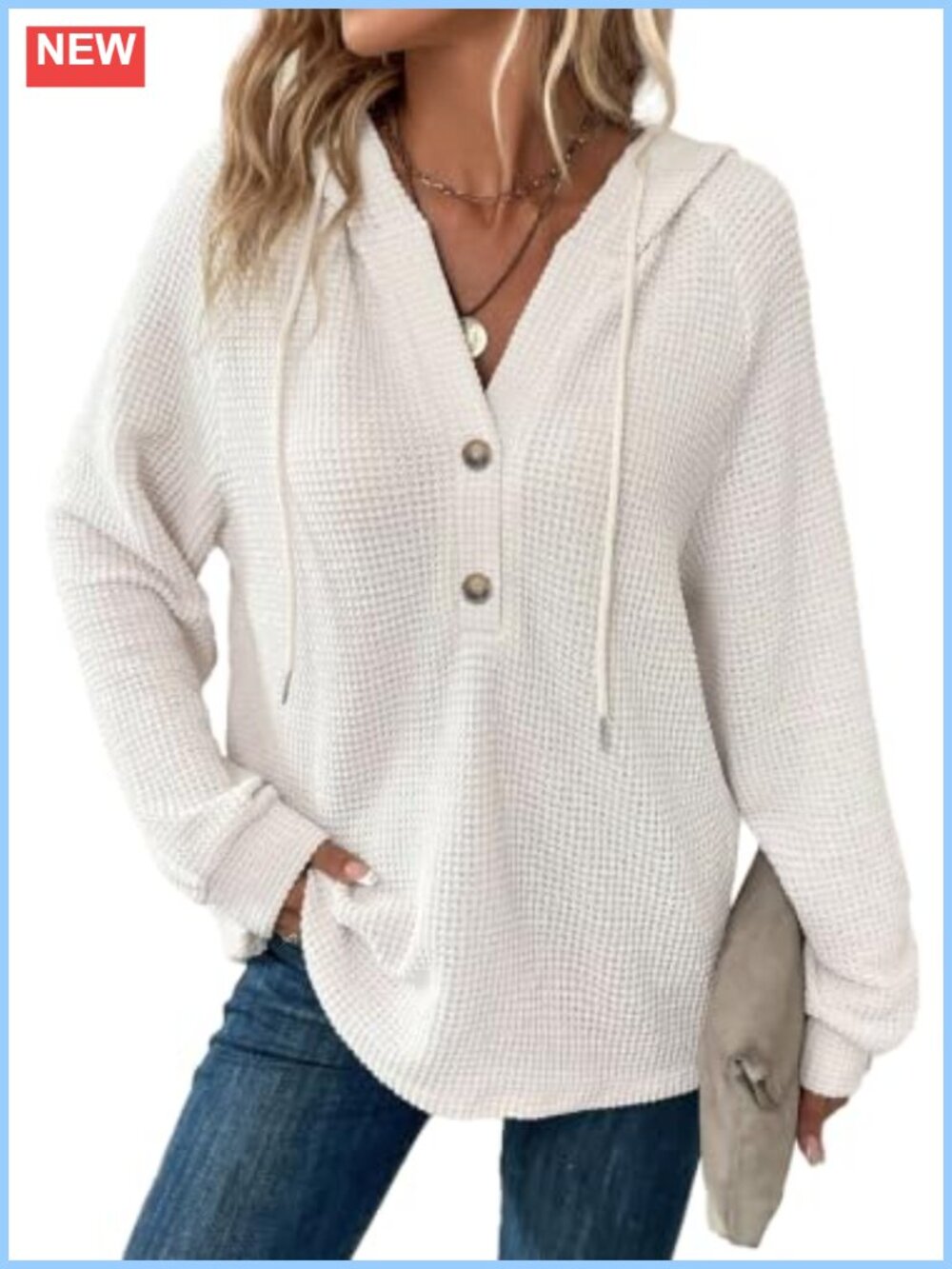 Waffle Knit Button V Neck Hooded Sweatshirt Oversized Pullover
